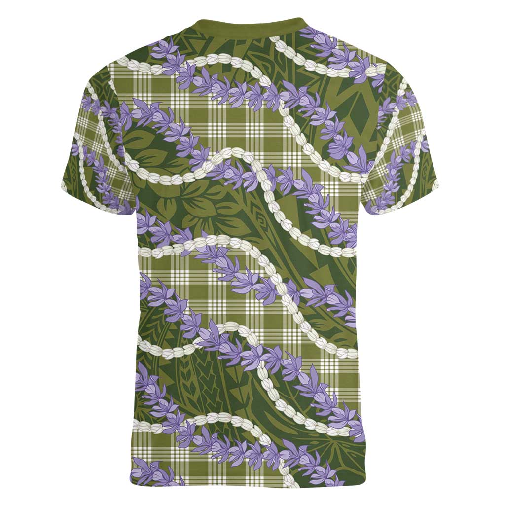 Green Hawaii Palaka Honohono Pikake Women V-Neck T-Shirt Hawaiian Orchid Lei Polynesian Pattern - Polynesian Pride