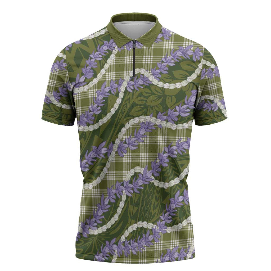 Green Hawaii Palaka Honohono Pikake Zipper Polo Shirt Hawaiian Orchid Lei Polynesian Pattern - Polynesian Pride