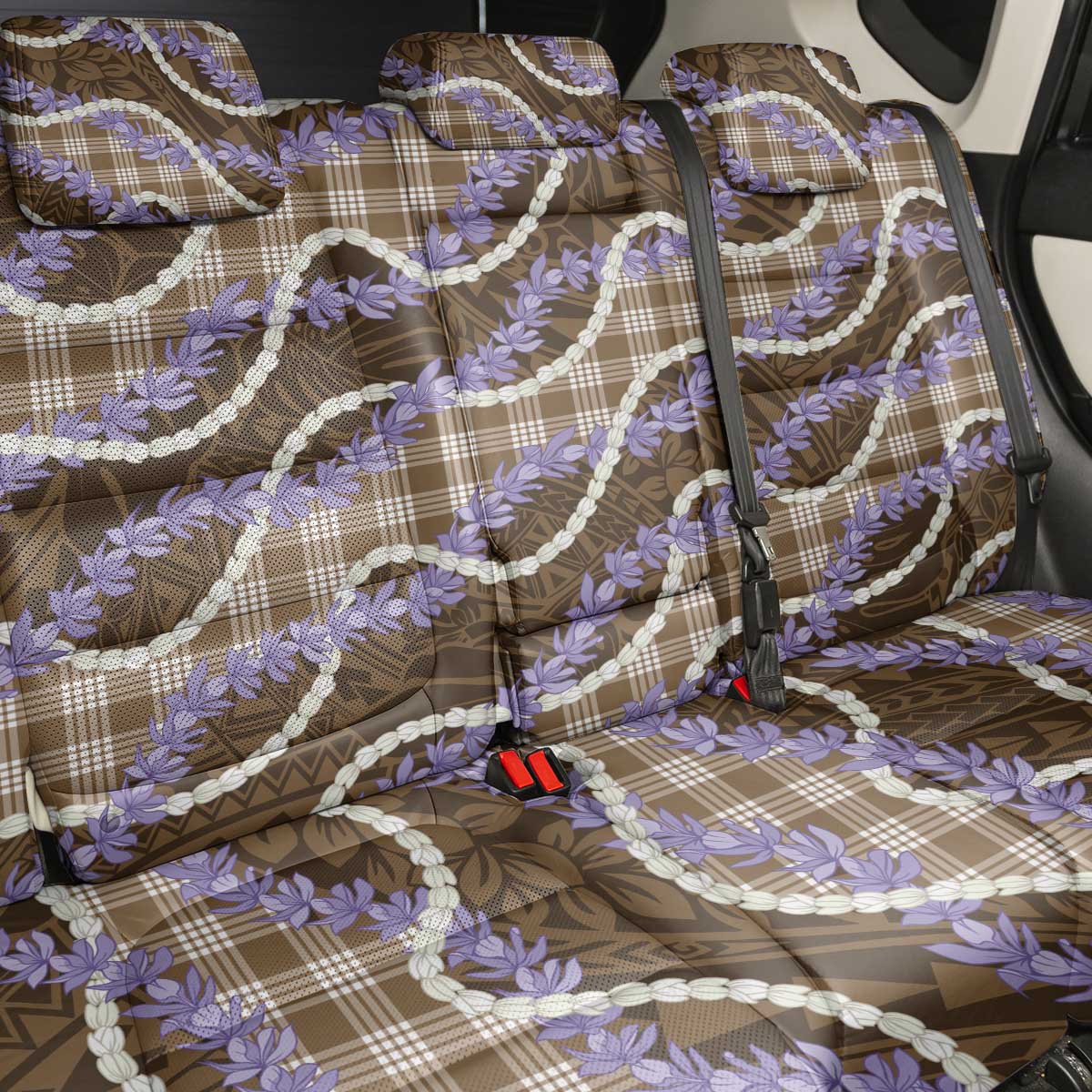 Brown Hawaii Palaka Honohono Pikake Back Car Seat Cover Hawaiian Orchid Lei Polynesian Pattern - Polynesian Pride