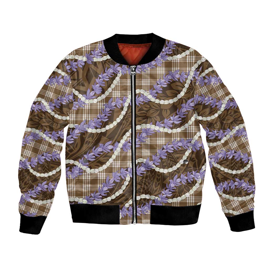 Brown Hawaii Palaka Honohono Pikake Bomber Jacket Hawaiian Orchid Lei Polynesian Pattern - Polynesian Pride