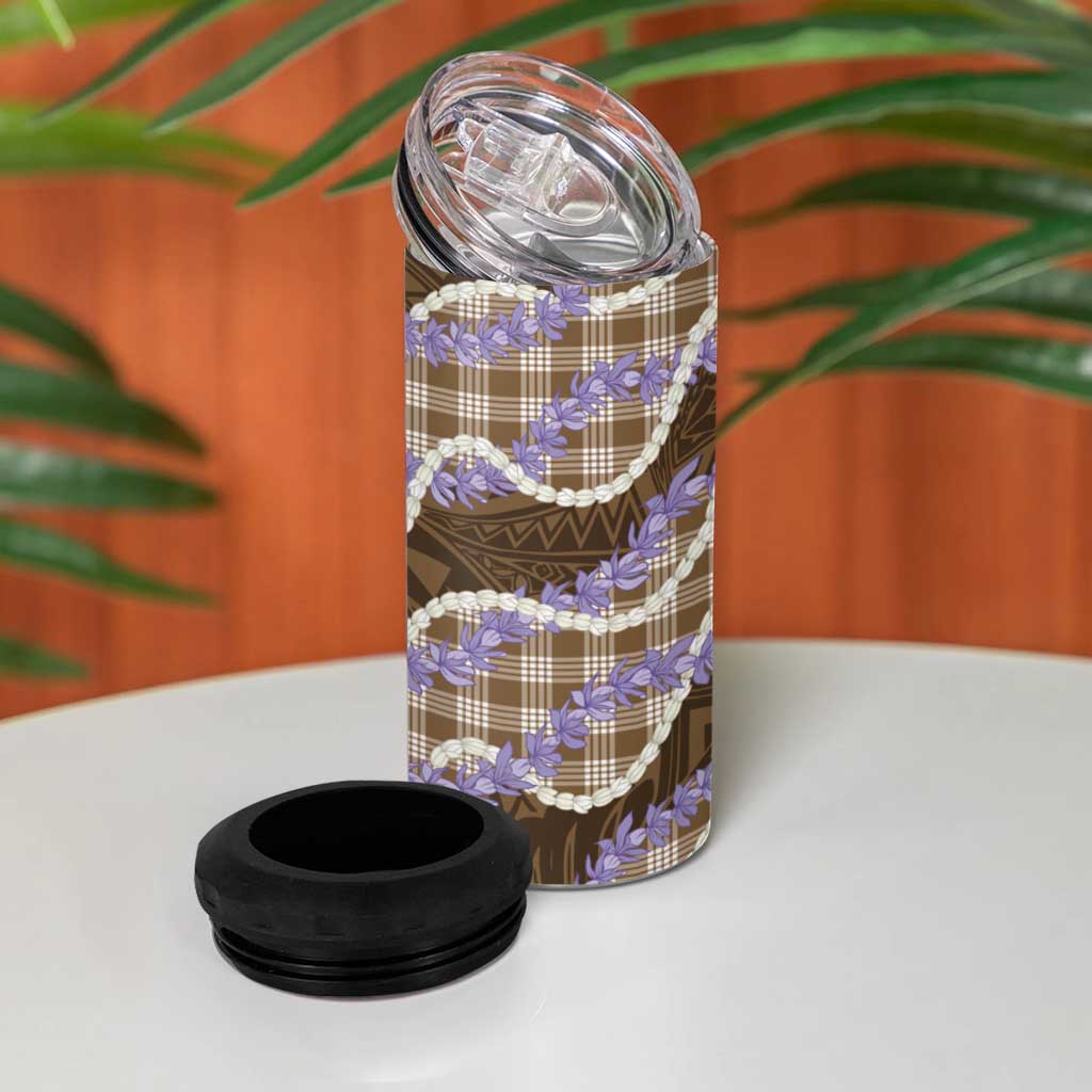 Brown Hawaii Palaka Honohono Pikake 4 in 1 Can Cooler Tumbler Hawaiian Orchid Lei Polynesian Pattern - Polynesian Pride