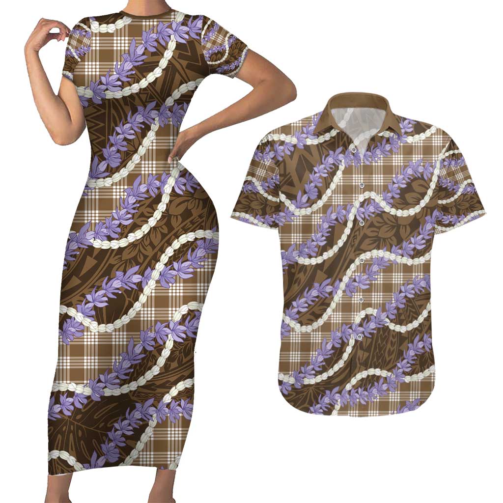 Brown Hawaii Palaka Honohono Pikake Couples Matching Short Sleeve Bodycon Dress and Hawaiian Shirt Hawaiian Orchid Lei Polynesian Pattern - Polynesian Pride