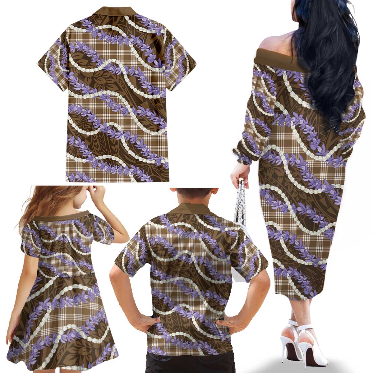 Brown Hawaii Palaka Honohono Pikake Family Matching Off The Shoulder Long Sleeve Dress and Hawaiian Shirt Hawaiian Orchid Lei Polynesian Pattern - Polynesian Pride