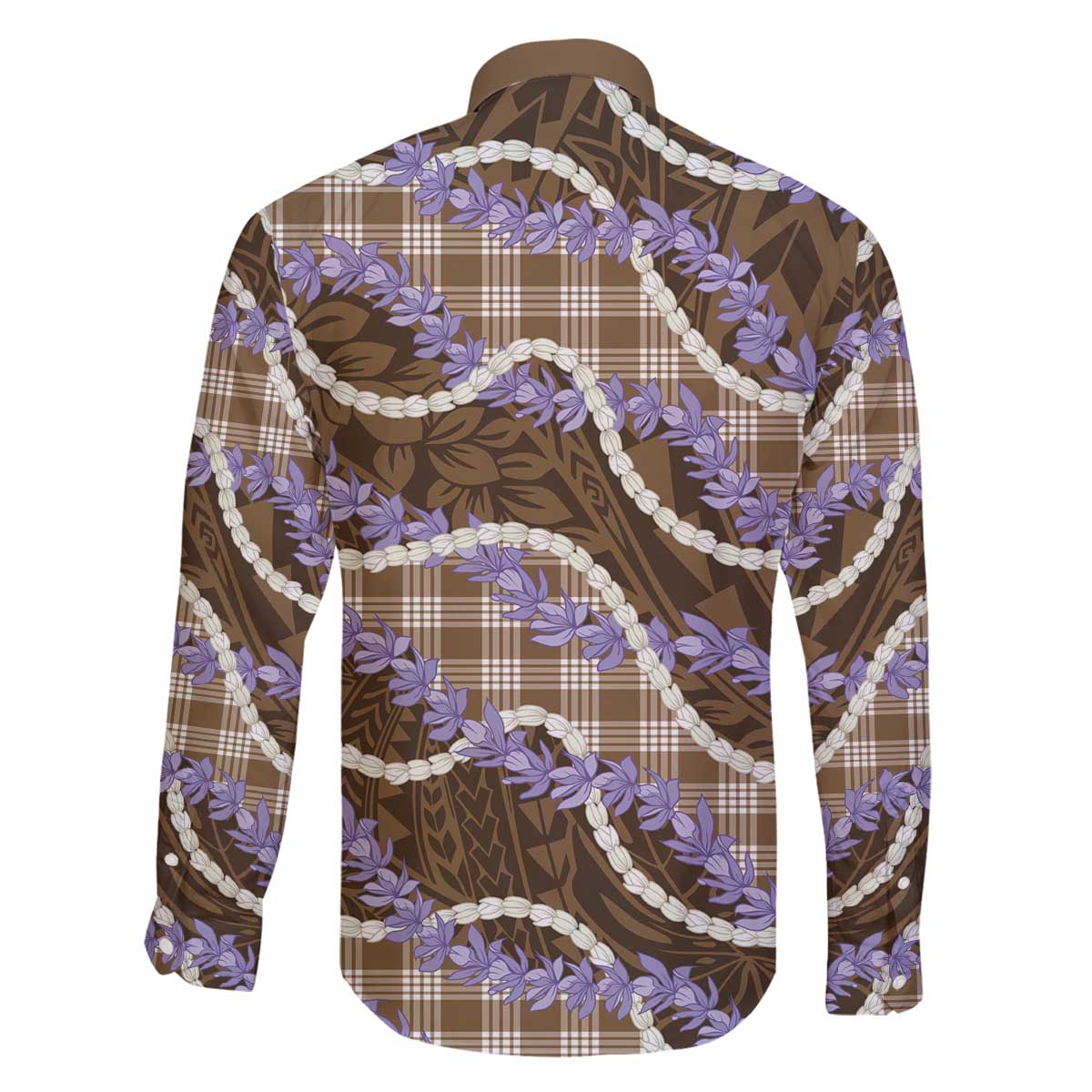 Brown Hawaii Palaka Honohono Pikake Family Matching Off The Shoulder Long Sleeve Dress and Hawaiian Shirt Hawaiian Orchid Lei Polynesian Pattern - Polynesian Pride