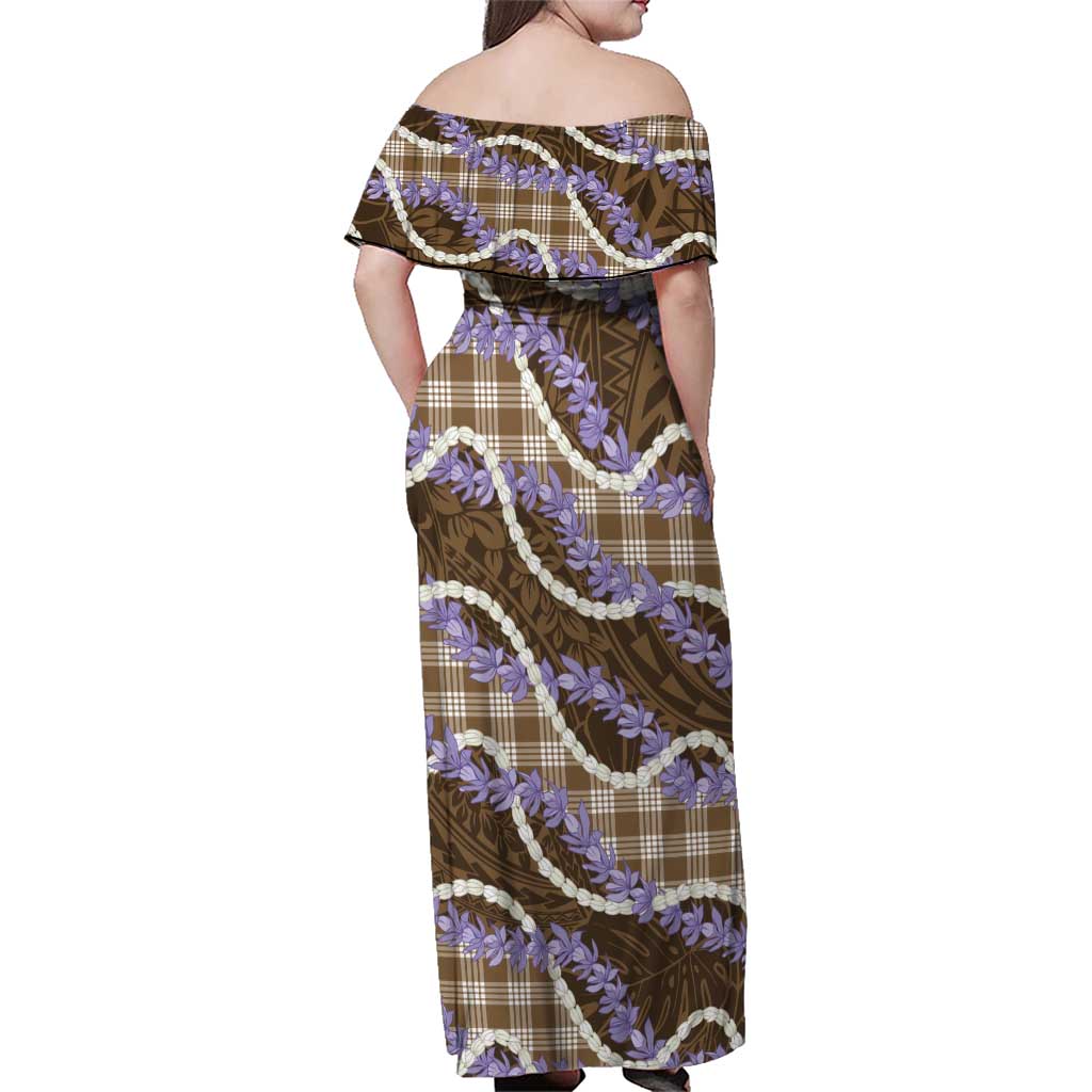 Brown Hawaii Palaka Honohono Pikake Family Matching Off Shoulder Maxi Dress and Hawaiian Shirt Hawaiian Orchid Lei Polynesian Pattern - Polynesian Pride