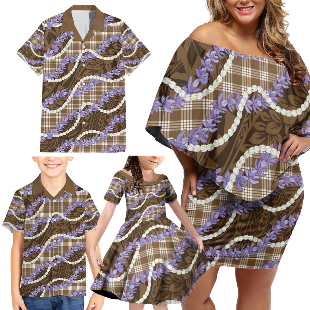 Brown Hawaii Palaka Honohono Pikake Family Matching Off Shoulder Short Dress and Hawaiian Shirt Hawaiian Orchid Lei Polynesian Pattern - Polynesian Pride
