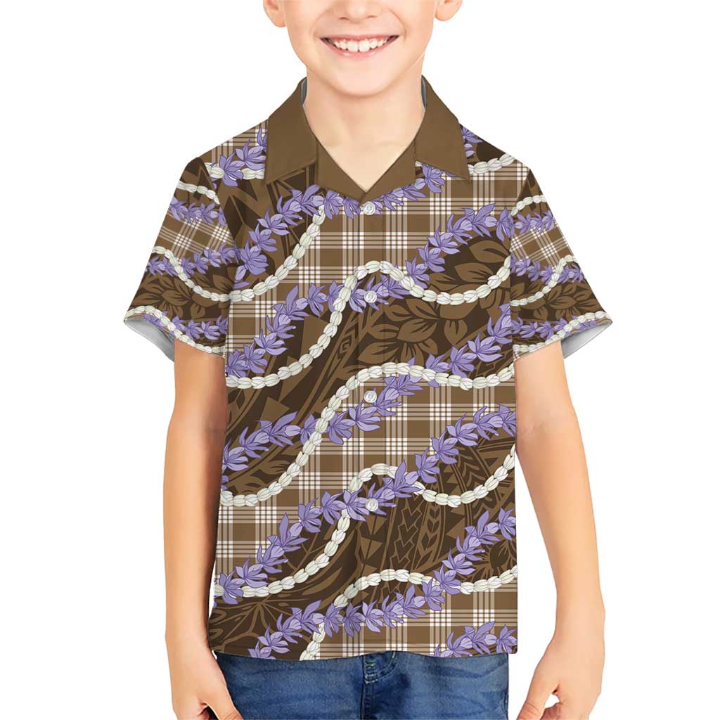Brown Hawaii Palaka Honohono Pikake Kid Hawaiian Shirt Hawaiian Orchid Lei Polynesian Pattern - Polynesian Pride