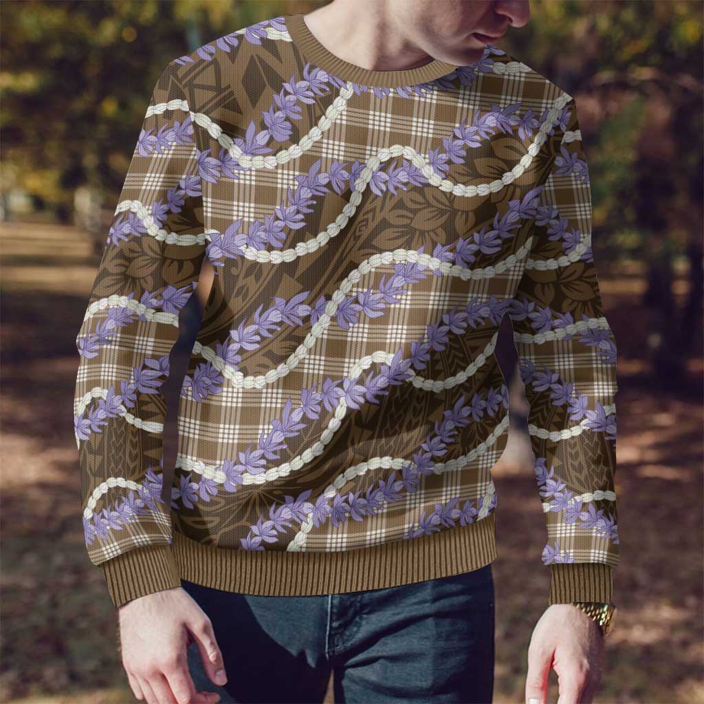 Brown Hawaii Palaka Honohono Pikake Ugly Christmas Sweater Hawaiian Orchid Lei Polynesian Pattern - Polynesian Pride