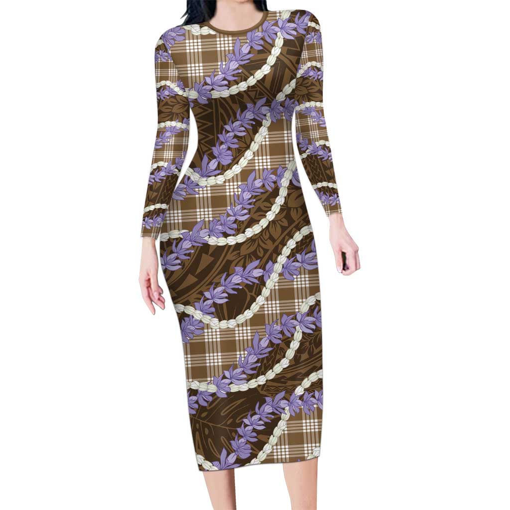 Brown Hawaii Palaka Honohono Pikake Long Sleeve Bodycon Dress Hawaiian Orchid Lei Polynesian Pattern - Polynesian Pride