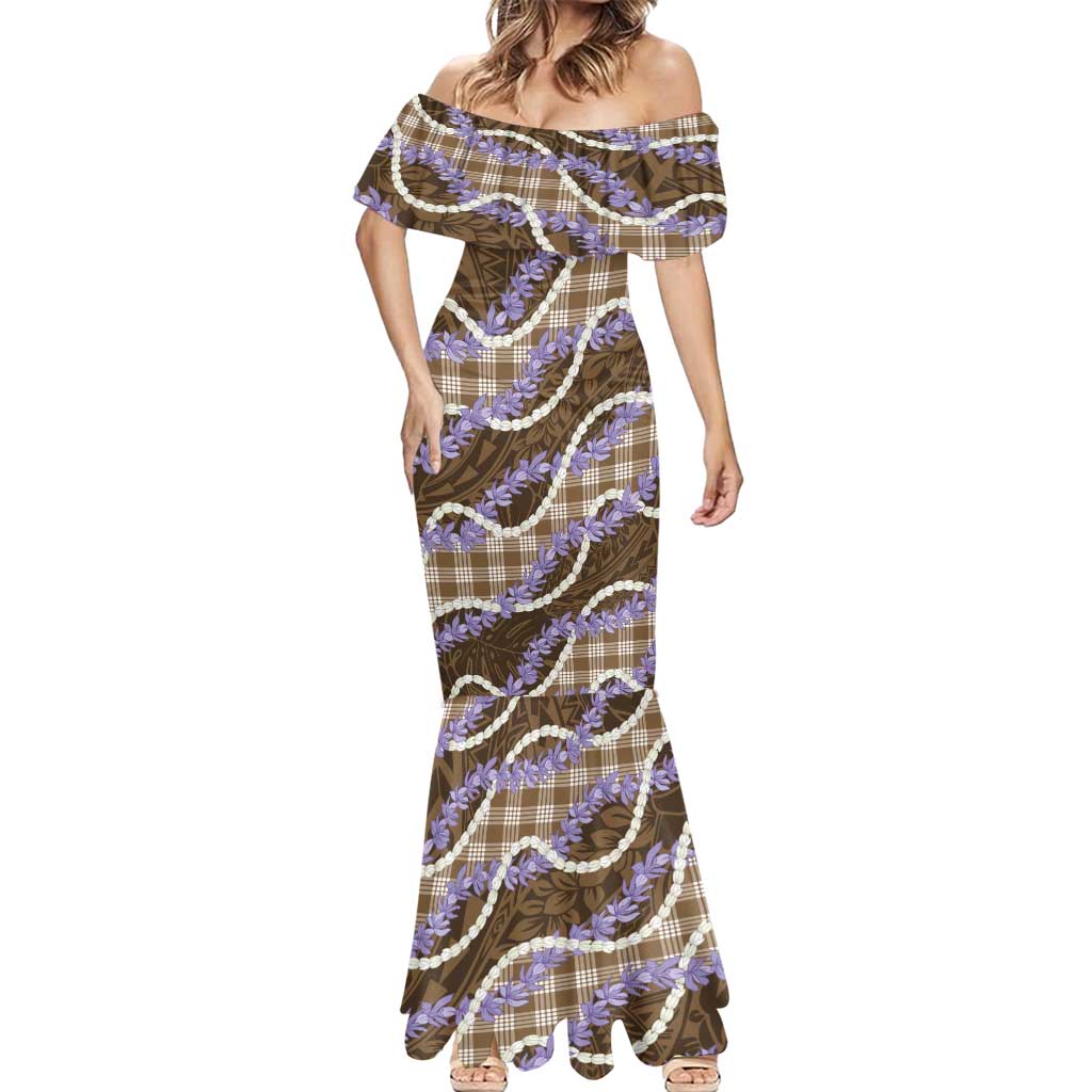 Brown Hawaii Palaka Honohono Pikake Mermaid Dress Hawaiian Orchid Lei Polynesian Pattern - Polynesian Pride