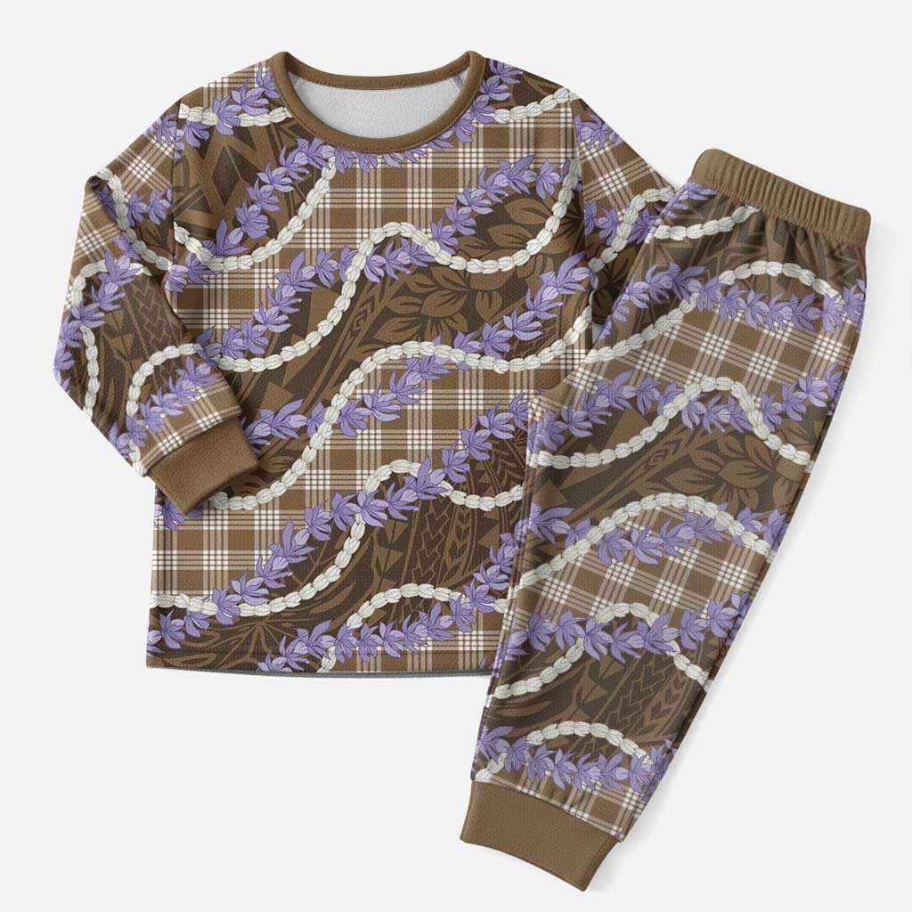 Brown Hawaii Palaka Honohono Pikake Christmas Pajama Set Hawaiian Orchid Lei Polynesian Pattern - Polynesian Pride