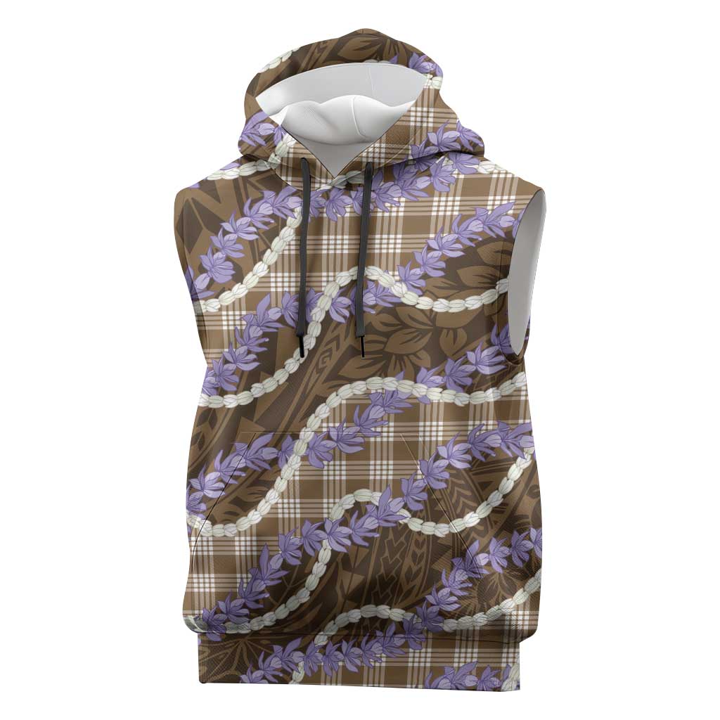 Brown Hawaii Palaka Honohono Pikake Sleeveless Hoodie Hawaiian Orchid Lei Polynesian Pattern - Polynesian Pride