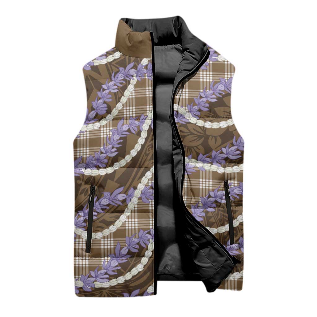 Brown Hawaii Palaka Honohono Pikake Sleeveless Puffer Jacket Hawaiian Orchid Lei Polynesian Pattern - Polynesian Pride