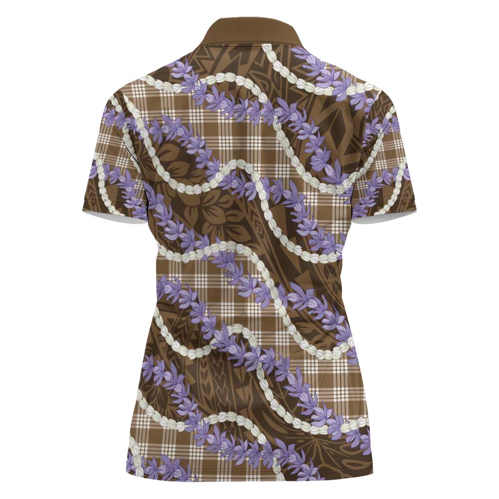 Brown Hawaii Palaka Honohono Pikake Women Polo Shirt Hawaiian Orchid Lei Polynesian Pattern - Polynesian Pride