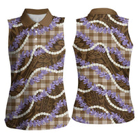 Brown Hawaii Palaka Honohono Pikake Women Sleeveless Polo Shirt Hawaiian Orchid Lei Polynesian Pattern - Polynesian Pride