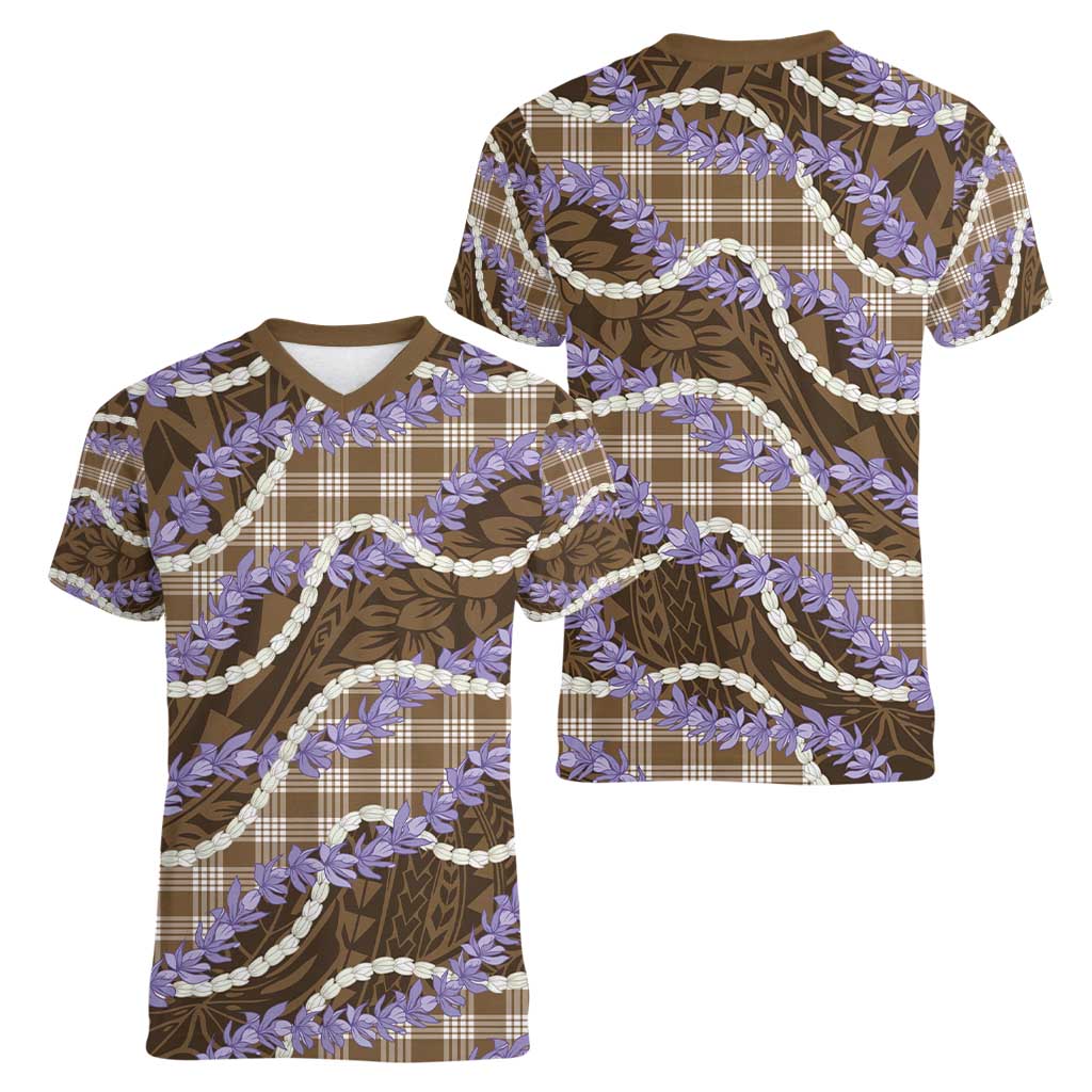 Brown Hawaii Palaka Honohono Pikake Women V-Neck T-Shirt Hawaiian Orchid Lei Polynesian Pattern - Polynesian Pride