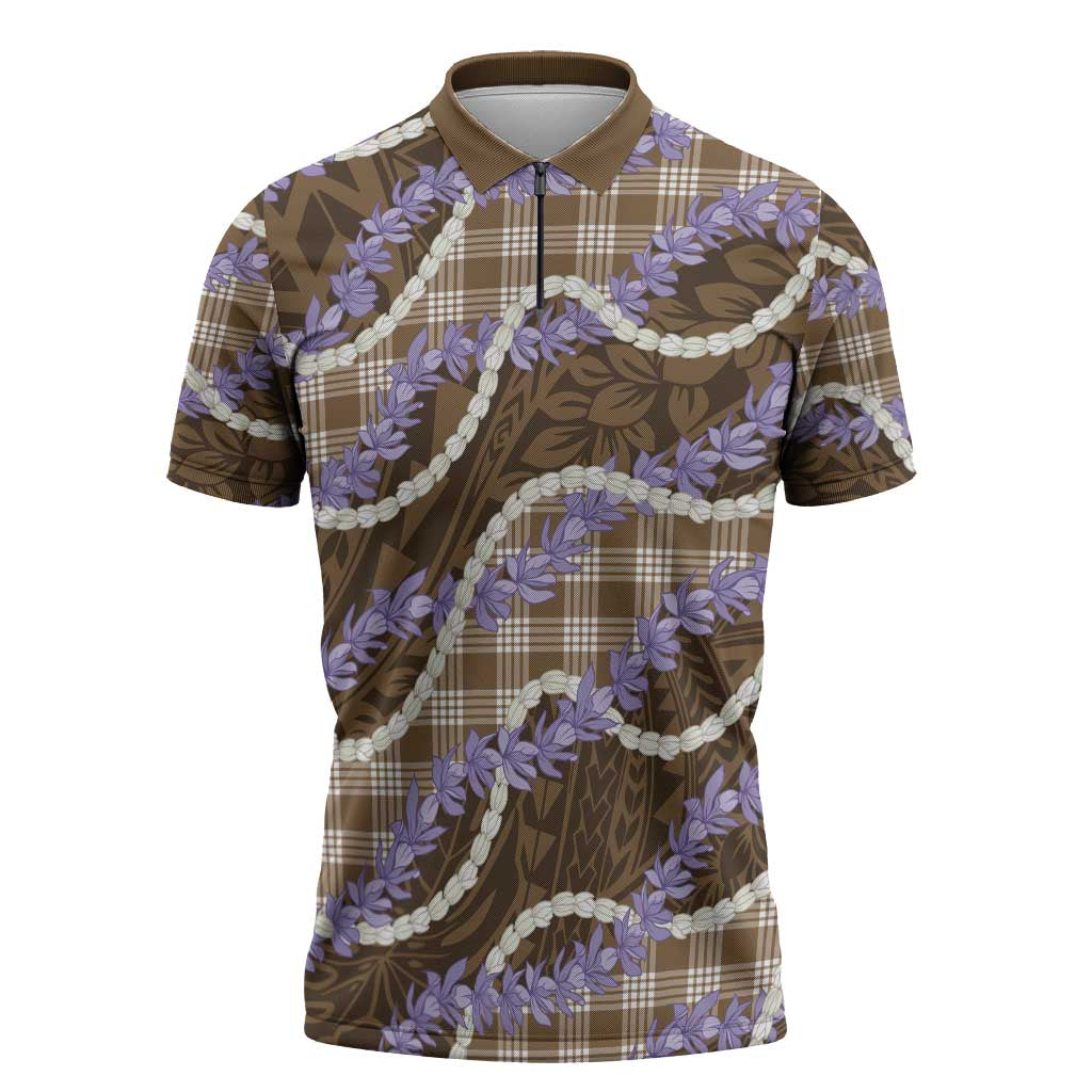 Brown Hawaii Palaka Honohono Pikake Zipper Polo Shirt Hawaiian Orchid Lei Polynesian Pattern - Polynesian Pride