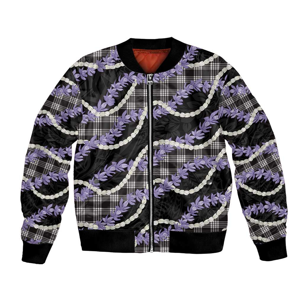 Black Hawaii Palaka Honohono Pikake Bomber Jacket Hawaiian Orchid Lei Polynesian Pattern - Polynesian Pride