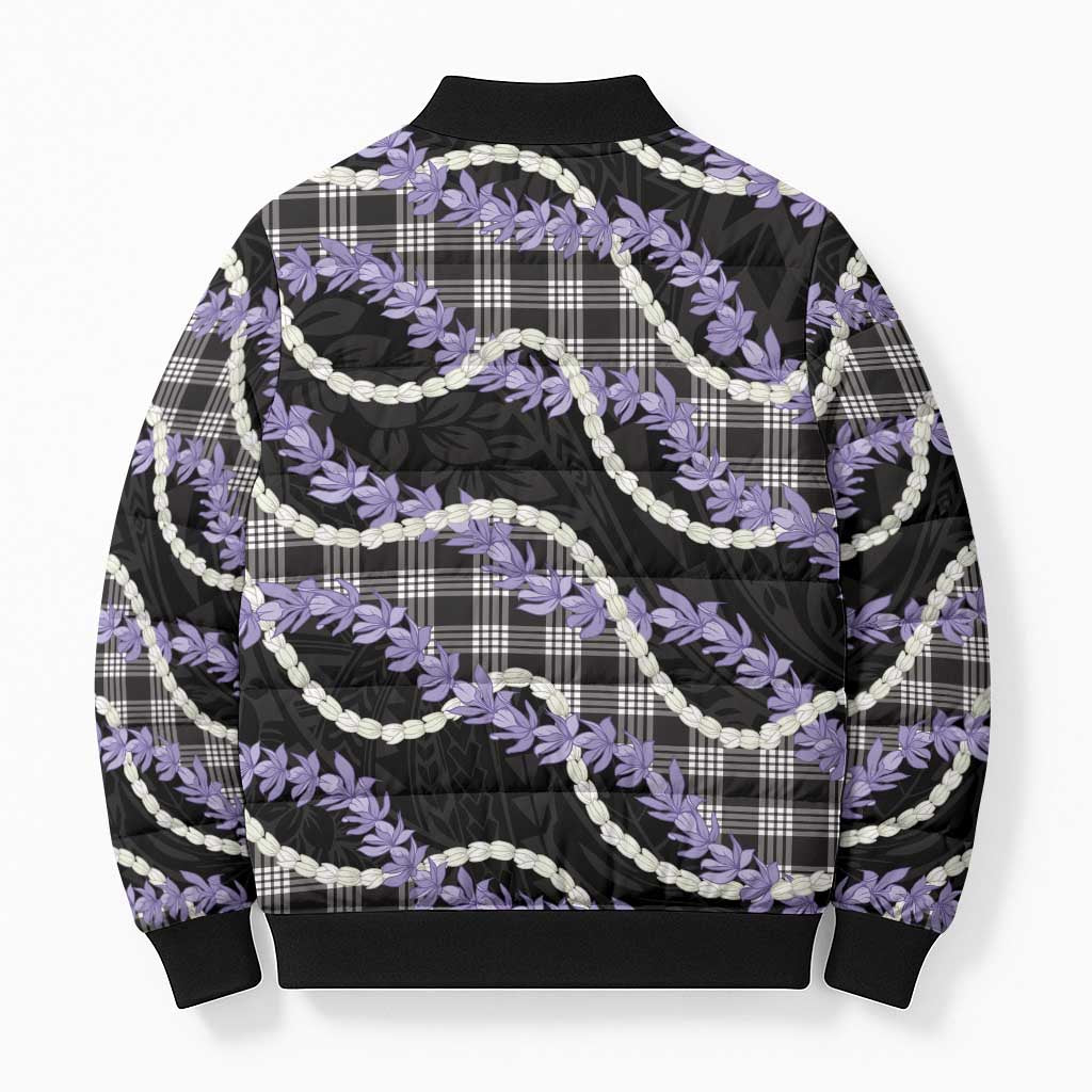 Black Hawaii Palaka Honohono Pikake Bomber Puffer Jacket Hawaiian Orchid Lei Polynesian Pattern - Polynesian Pride
