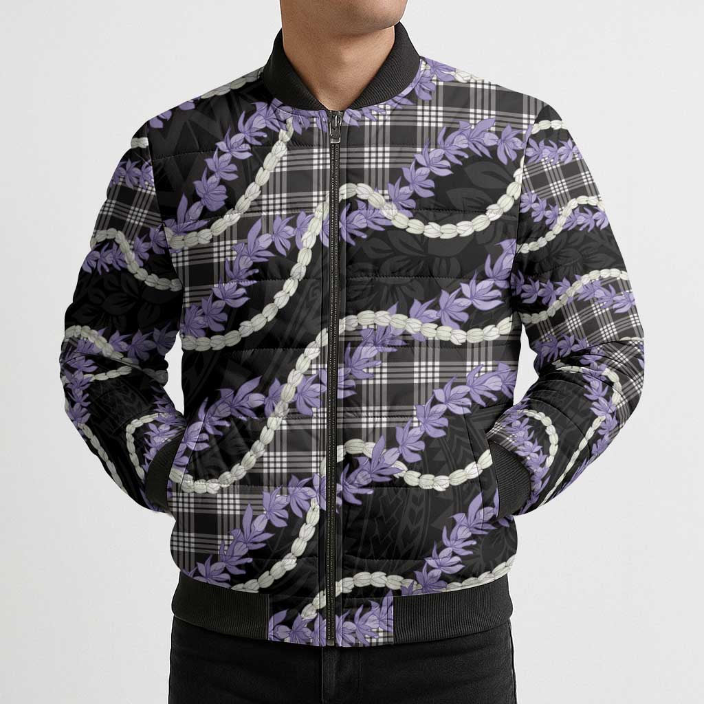 Black Hawaii Palaka Honohono Pikake Bomber Puffer Jacket Hawaiian Orchid Lei Polynesian Pattern - Polynesian Pride