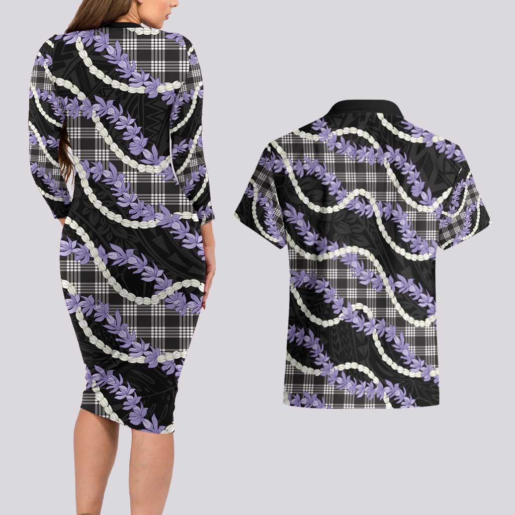 Black Hawaii Palaka Honohono Pikake Couples Matching Long Sleeve Bodycon Dress and Hawaiian Shirt Hawaiian Orchid Lei Polynesian Pattern - Polynesian Pride