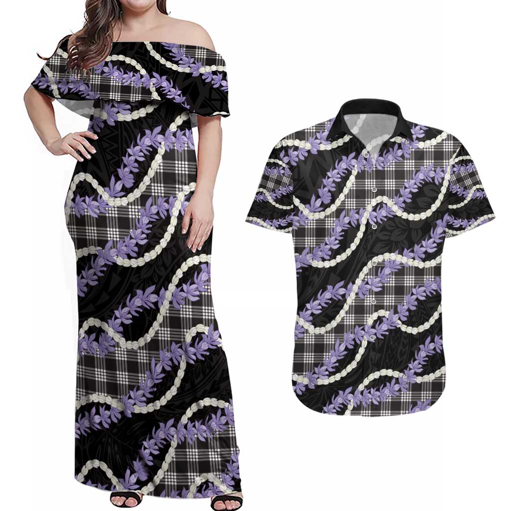 Black Hawaii Palaka Honohono Pikake Couples Matching Off Shoulder Maxi Dress and Hawaiian Shirt Hawaiian Orchid Lei Polynesian Pattern - Polynesian Pride