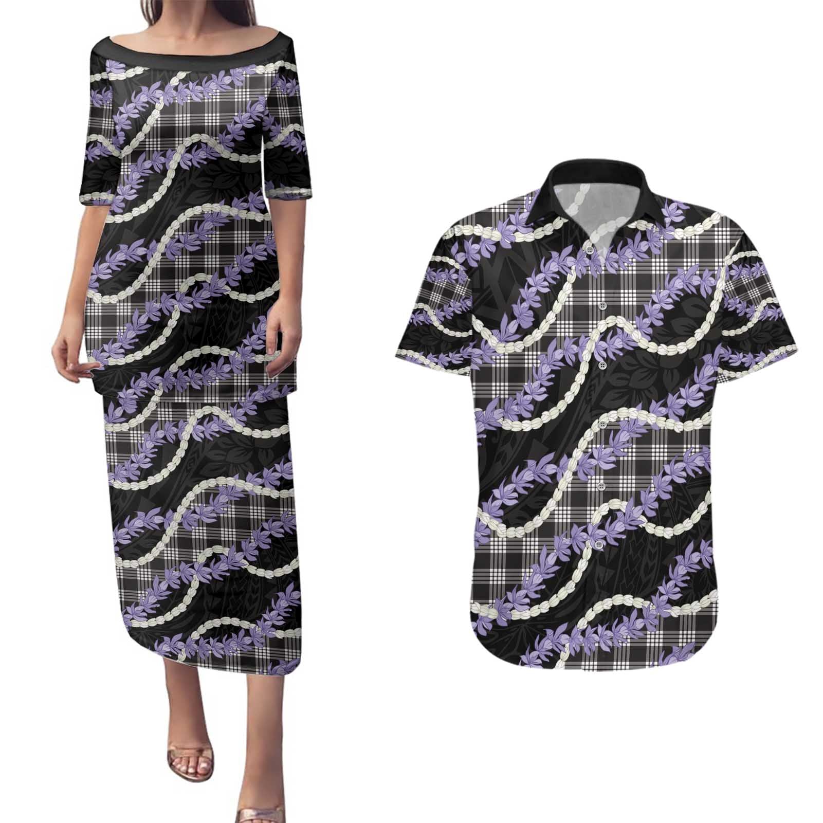 Black Hawaii Palaka Honohono Pikake Couples Matching Puletasi and Hawaiian Shirt Hawaiian Orchid Lei Polynesian Pattern - Polynesian Pride