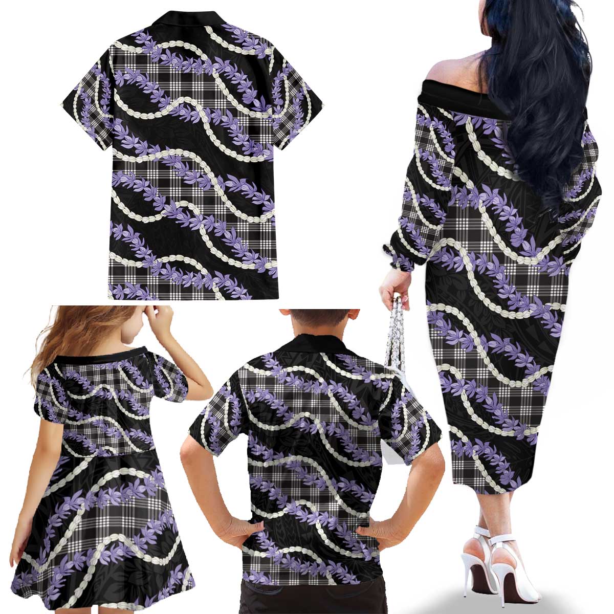 Black Hawaii Palaka Honohono Pikake Family Matching Off The Shoulder Long Sleeve Dress and Hawaiian Shirt Hawaiian Orchid Lei Polynesian Pattern - Polynesian Pride