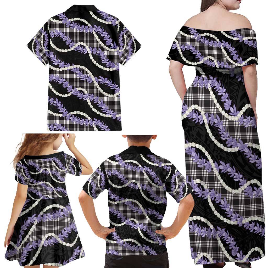 Black Hawaii Palaka Honohono Pikake Family Matching Off Shoulder Maxi Dress and Hawaiian Shirt Hawaiian Orchid Lei Polynesian Pattern - Polynesian Pride