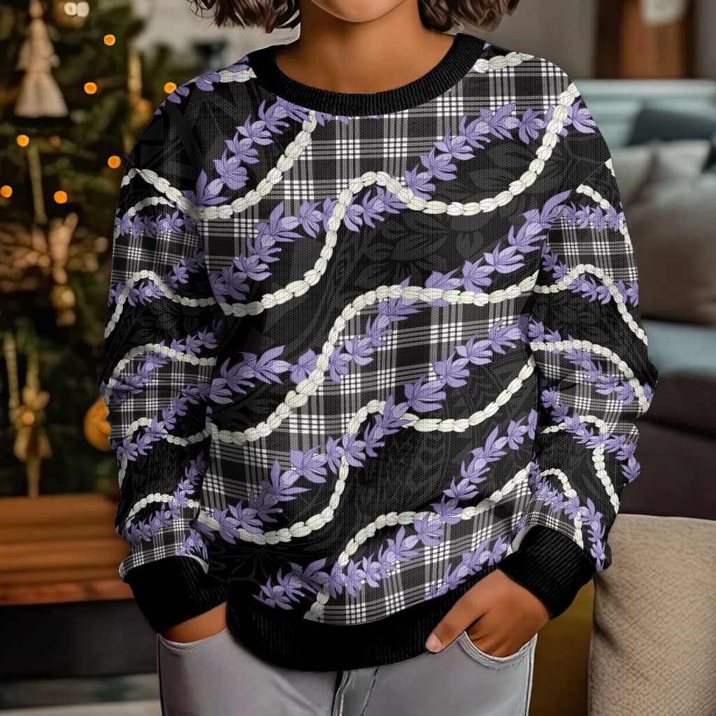 Black Hawaii Palaka Honohono Pikake Kid Ugly Christmas Sweater Hawaiian Orchid Lei Polynesian Pattern - Polynesian Pride