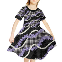 Black Hawaii Palaka Honohono Pikake Kid Short Sleeve Dress Hawaiian Orchid Lei Polynesian Pattern - Polynesian Pride