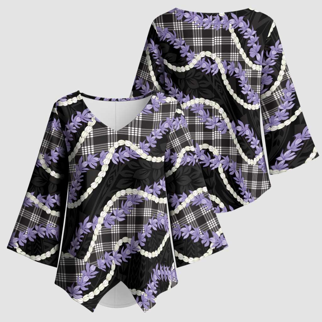 Black Hawaii Palaka Honohono Pikake Kimono Sleeve Blouse Hawaiian Orchid Lei Polynesian Pattern - Polynesian Pride
