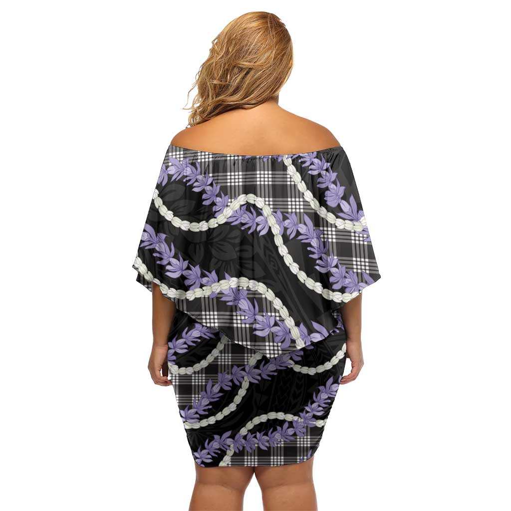 Black Hawaii Palaka Honohono Pikake Off Shoulder Short Dress Hawaiian Orchid Lei Polynesian Pattern - Polynesian Pride