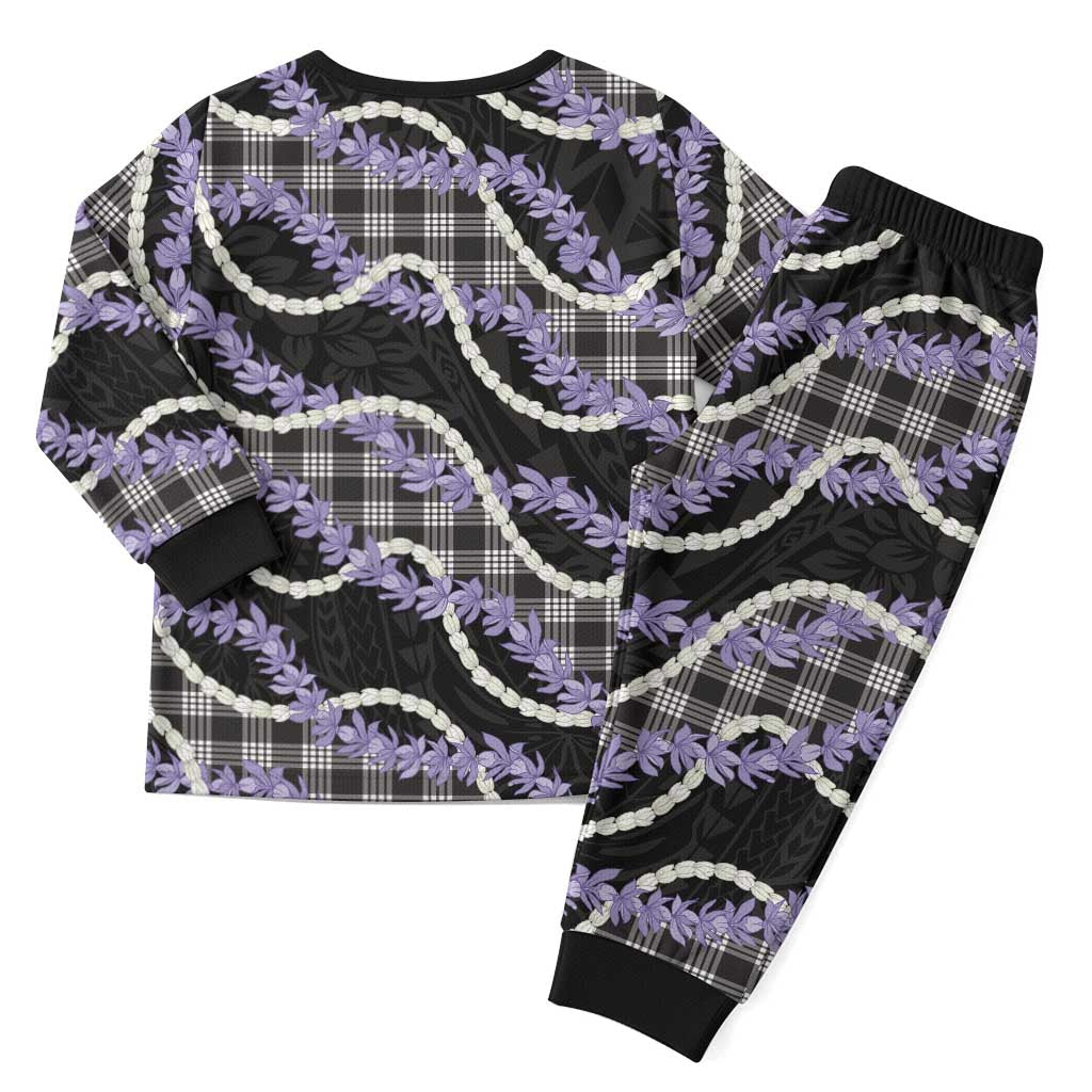 Black Hawaii Palaka Honohono Pikake Christmas Pajama Set Hawaiian Orchid Lei Polynesian Pattern - Polynesian Pride