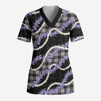 Black Hawaii Palaka Honohono Pikake Scrub Top Hawaiian Orchid Lei Polynesian Pattern - Polynesian Pride