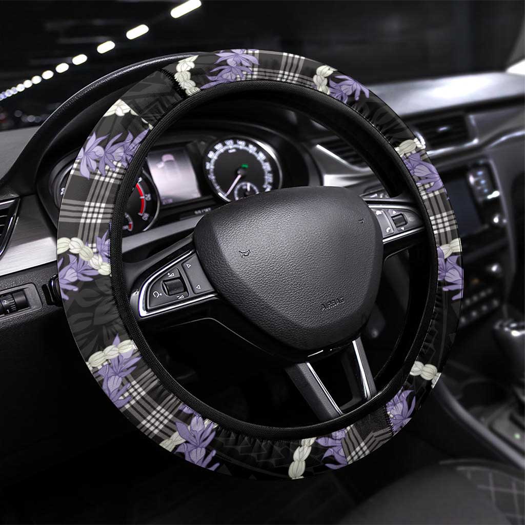 Black Hawaii Palaka Honohono Pikake Steering Wheel Cover Hawaiian Orchid Lei Polynesian Pattern - Polynesian Pride