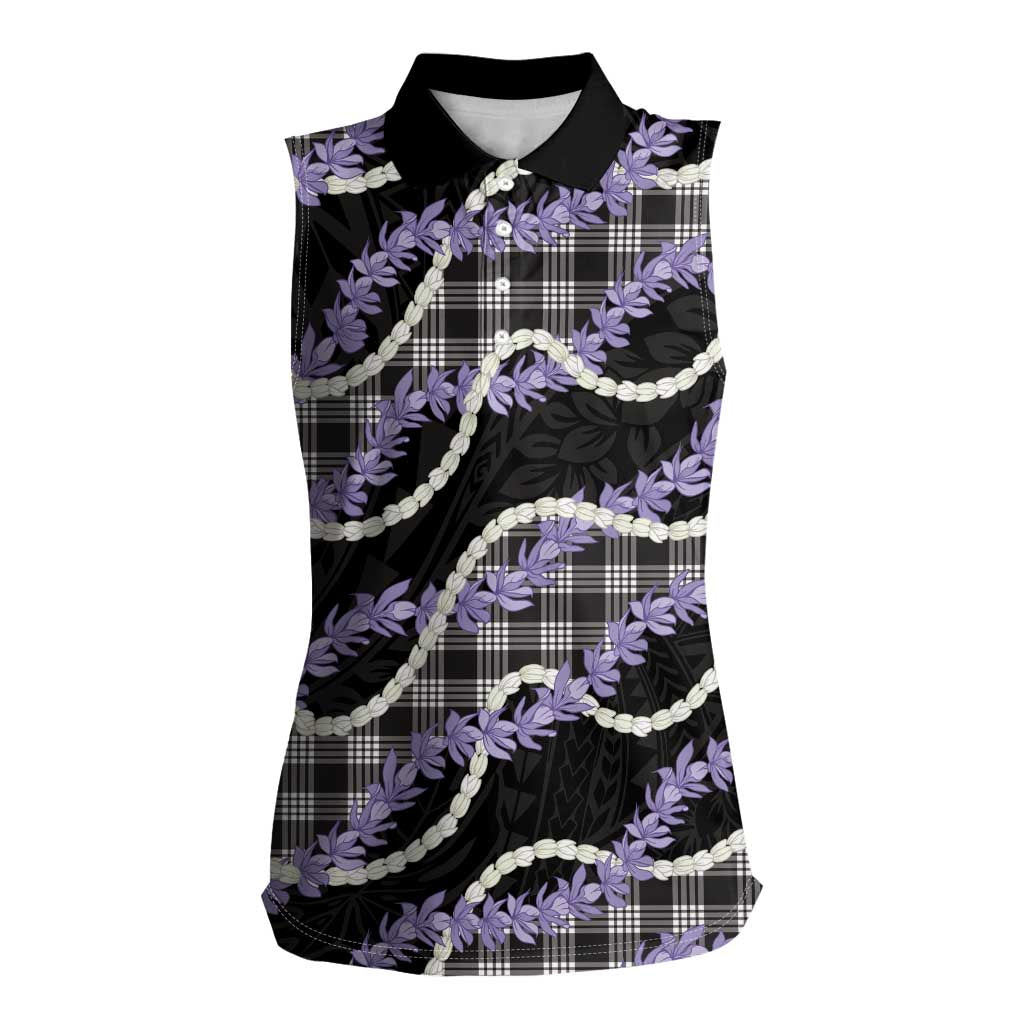 Black Hawaii Palaka Honohono Pikake Women Sleeveless Polo Shirt Hawaiian Orchid Lei Polynesian Pattern - Polynesian Pride