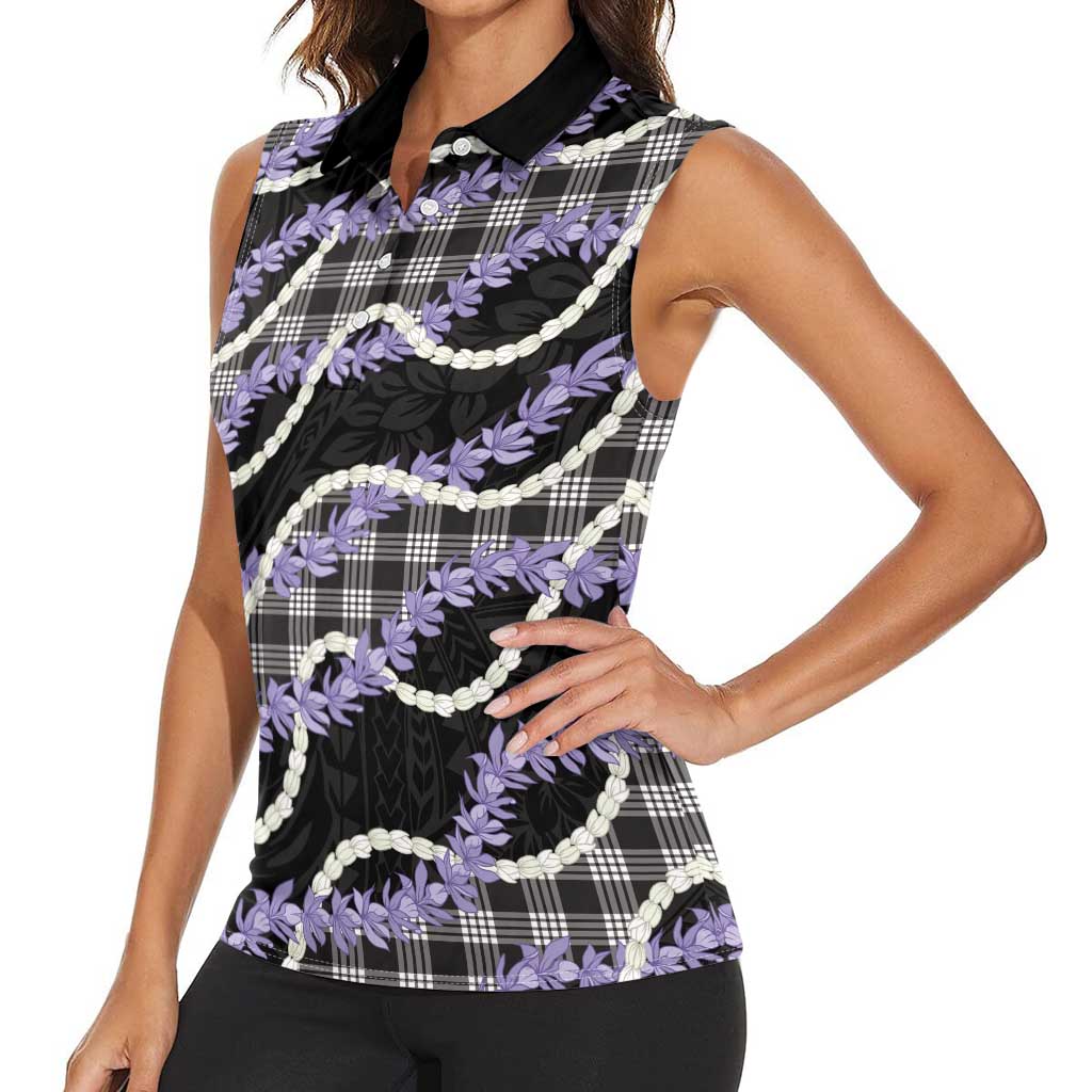 Black Hawaii Palaka Honohono Pikake Women Sleeveless Polo Shirt Hawaiian Orchid Lei Polynesian Pattern - Polynesian Pride