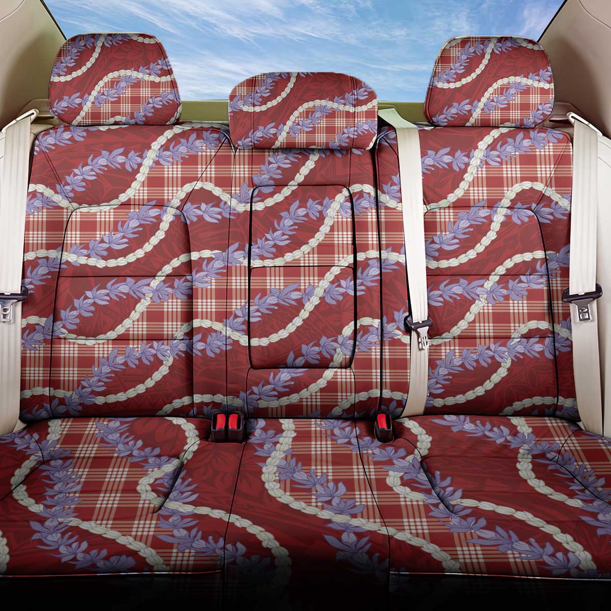 Red Hawaii Palaka Honohono Pikake Back Car Seat Cover Hawaiian Orchid Lei Polynesian Pattern - Polynesian Pride
