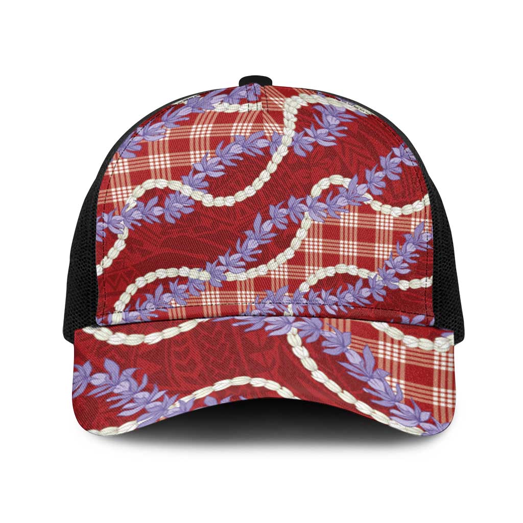 Red Hawaii Palaka Honohono Pikake Baseball Net Cap Hawaiian Orchid Lei Polynesian Pattern - Polynesian Pride