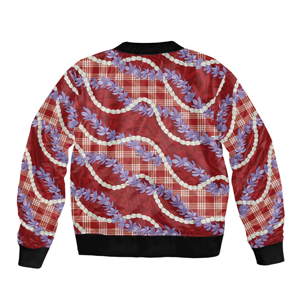 Red Hawaii Palaka Honohono Pikake Bomber Jacket Hawaiian Orchid Lei Polynesian Pattern - Polynesian Pride