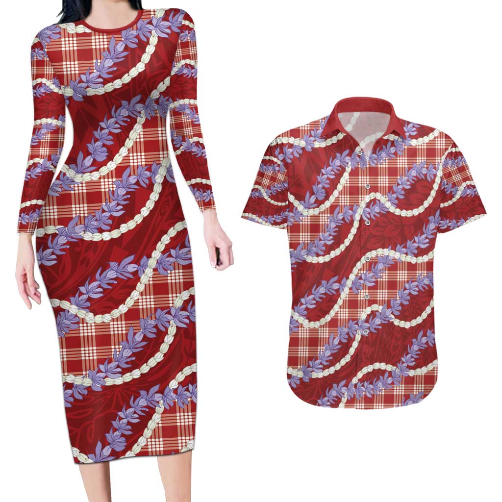 Red Hawaii Palaka Honohono Pikake Couples Matching Long Sleeve Bodycon Dress and Hawaiian Shirt Hawaiian Orchid Lei Polynesian Pattern - Polynesian Pride