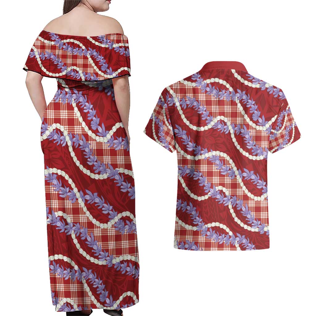 Red Hawaii Palaka Honohono Pikake Couples Matching Off Shoulder Maxi Dress and Hawaiian Shirt Hawaiian Orchid Lei Polynesian Pattern - Polynesian Pride