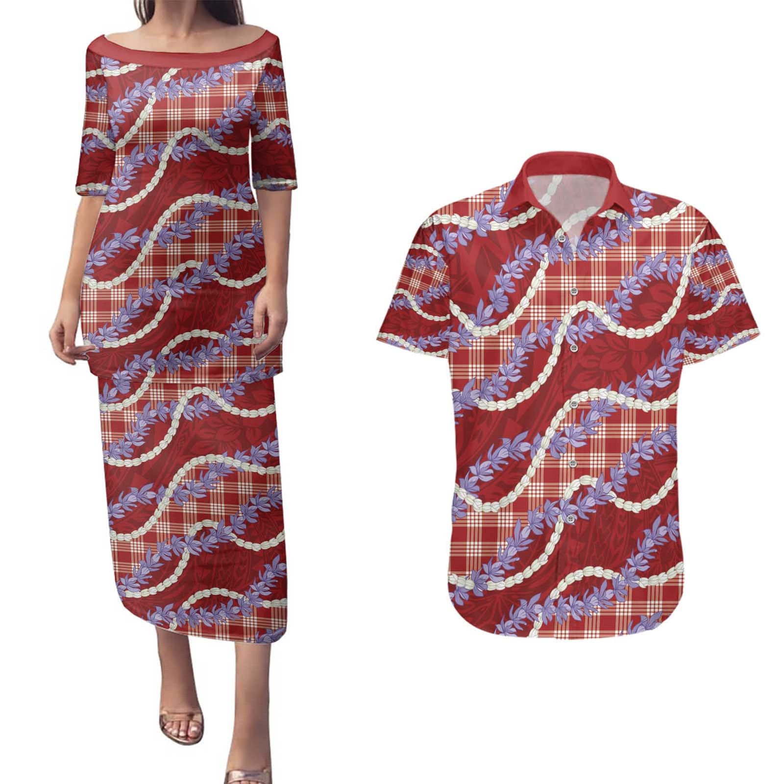 Red Hawaii Palaka Honohono Pikake Couples Matching Puletasi and Hawaiian Shirt Hawaiian Orchid Lei Polynesian Pattern - Polynesian Pride