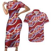Red Hawaii Palaka Honohono Pikake Couples Matching Short Sleeve Bodycon Dress and Hawaiian Shirt Hawaiian Orchid Lei Polynesian Pattern - Polynesian Pride