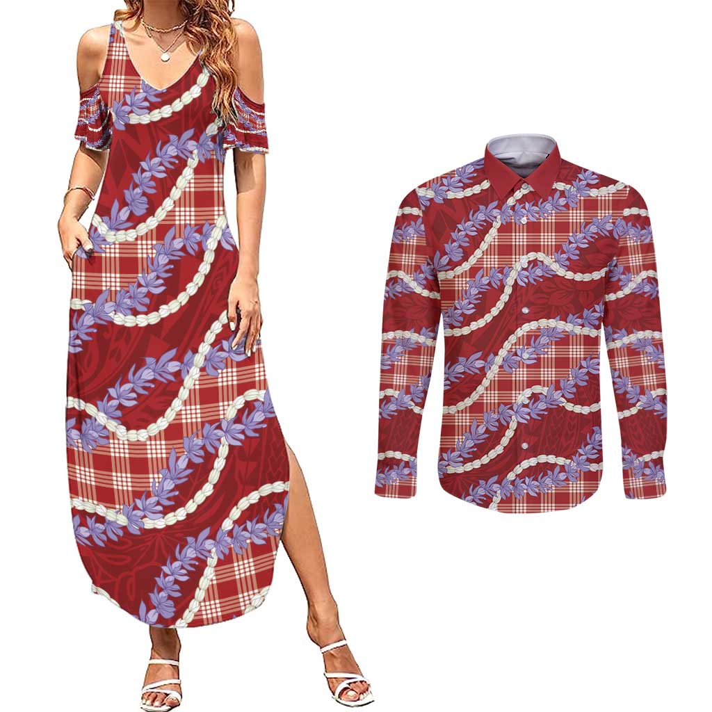 Red Hawaii Palaka Honohono Pikake Couples Matching Summer Maxi Dress and Long Sleeve Button Shirt Hawaiian Orchid Lei Polynesian Pattern - Polynesian Pride