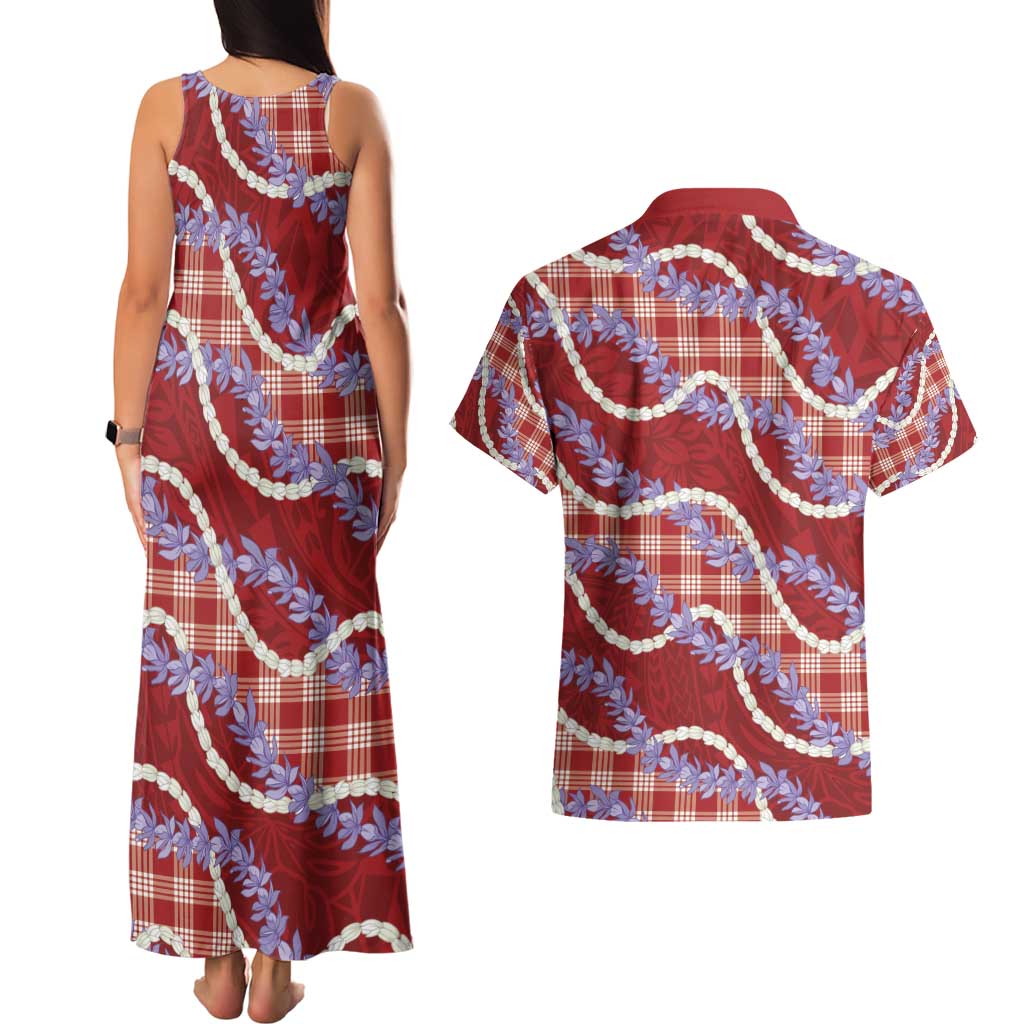 Red Hawaii Palaka Honohono Pikake Couples Matching Tank Maxi Dress and Hawaiian Shirt Hawaiian Orchid Lei Polynesian Pattern - Polynesian Pride