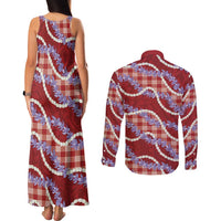 Red Hawaii Palaka Honohono Pikake Couples Matching Tank Maxi Dress and Long Sleeve Button Shirt Hawaiian Orchid Lei Polynesian Pattern - Polynesian Pride