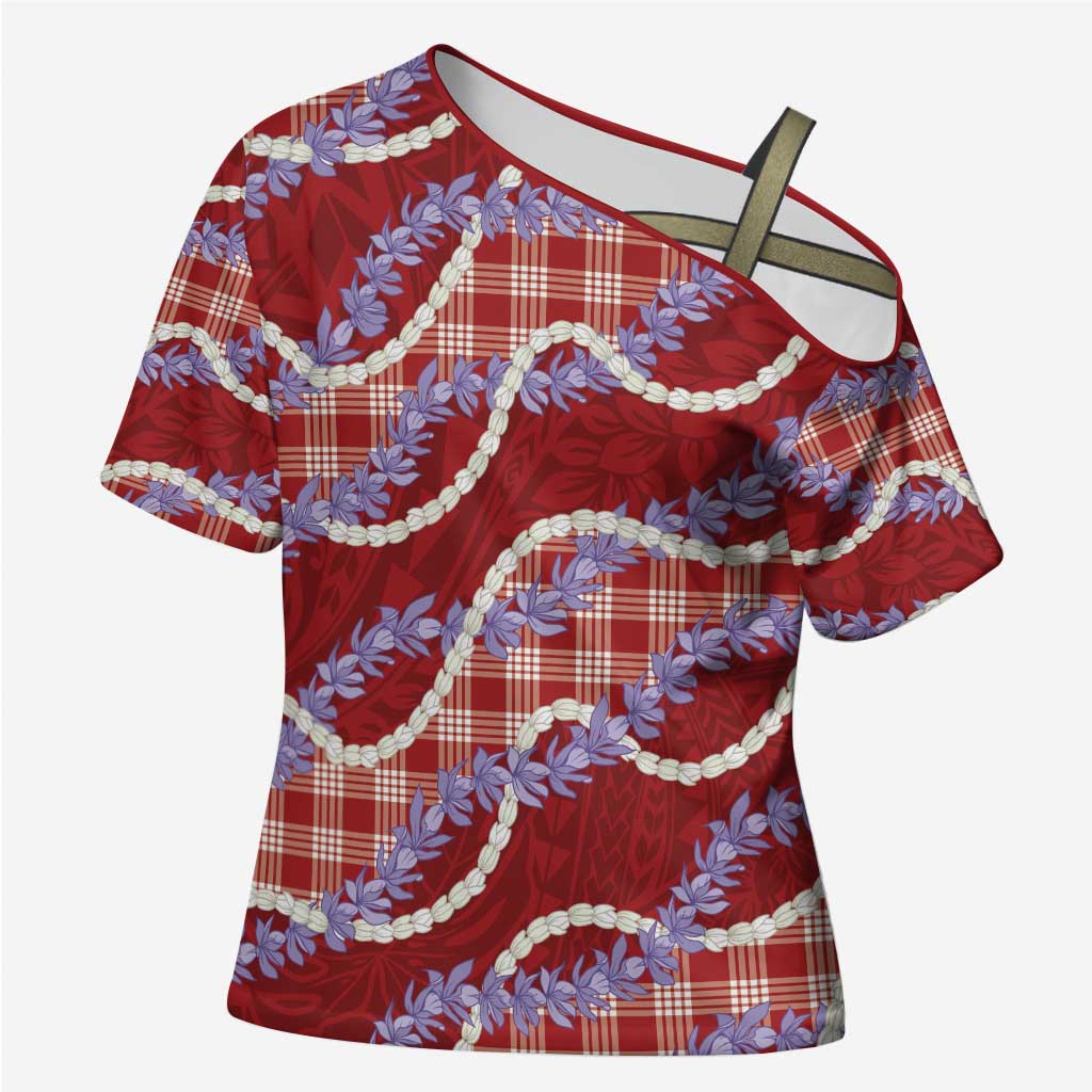 Red Hawaii Palaka Honohono Pikake Cross Shoulder Shirt Hawaiian Orchid Lei Polynesian Pattern - Polynesian Pride