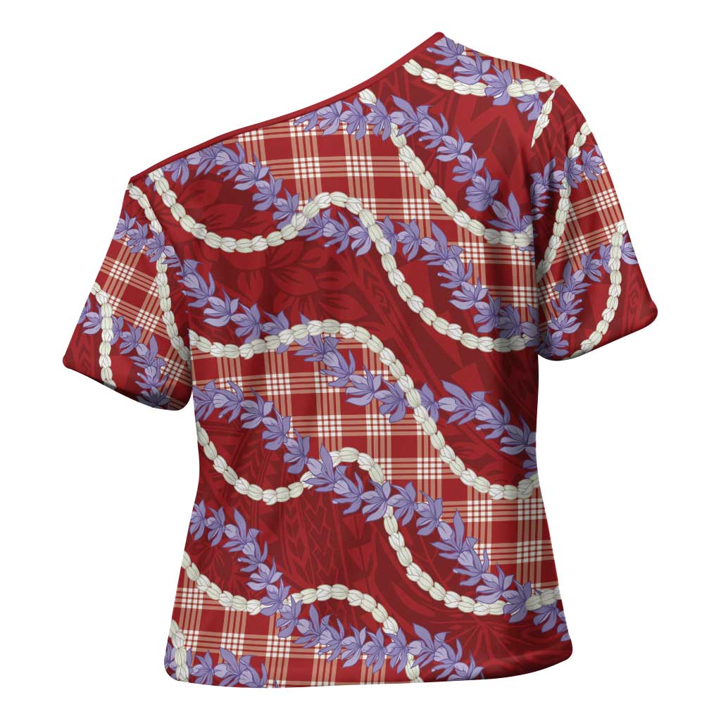 Red Hawaii Palaka Honohono Pikake Cross Shoulder Shirt Hawaiian Orchid Lei Polynesian Pattern - Polynesian Pride